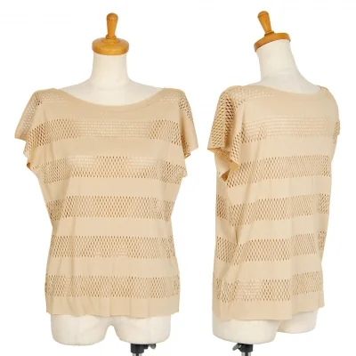 プリーツプリーズPLEATS PLEASE A-POC INSIDE カッティングボーダーメッシュフレンチスリーブ半袖トップス ベージュ