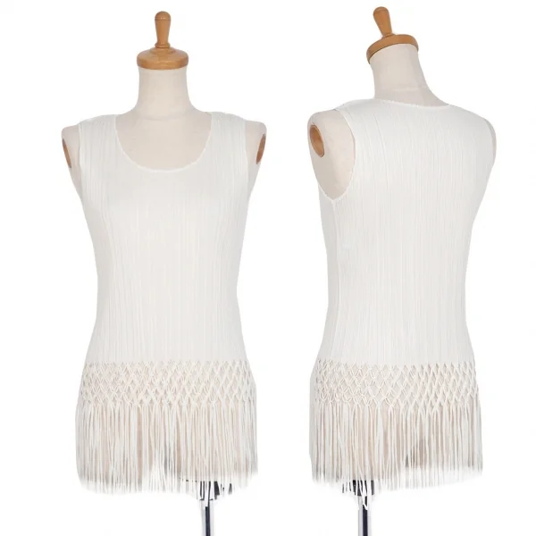 プリーツプリーズPLEATS PLEASE プリーツ裾フリンジ編み込みタンクトップ 白4 K-100486_001