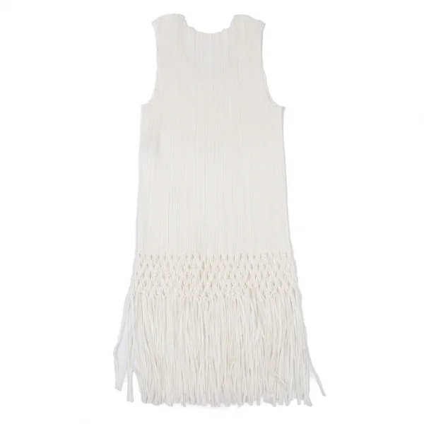 プリーツプリーズPLEATS PLEASE プリーツ裾フリンジ編み込みタンクトップ 白4 K-100486_010