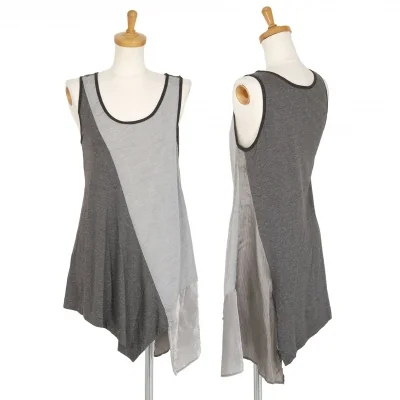 ワイズY's マルチファブリック切替アシンメトリーノースリーブチュニック グレー濃淡