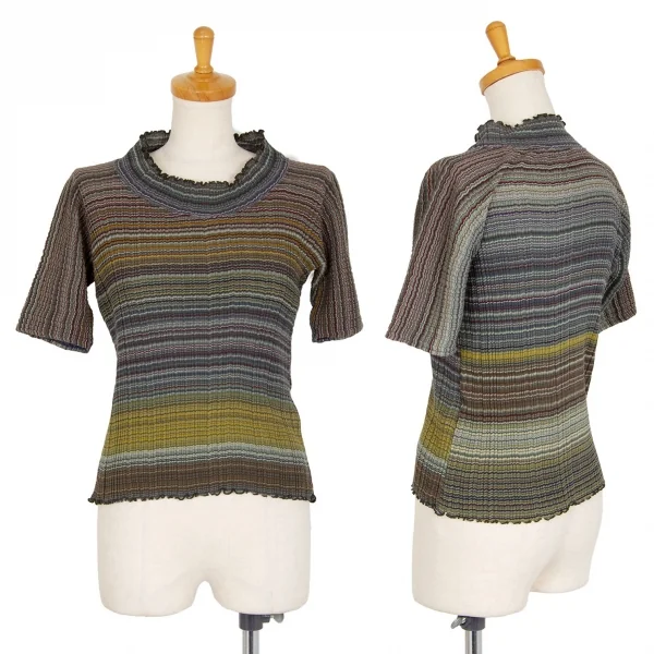 ヨーガンレールJURGEN LEHL マルチボーダーハイネックフリルTシャツ 緑マルチM K-100844_001