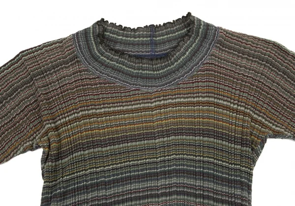 ヨーガンレールJURGEN LEHL マルチボーダーハイネックフリルTシャツ 緑マルチM K-100844_003