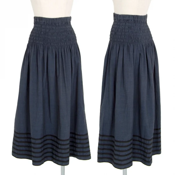 イッセイミヤケペルマネンテISSEY MIYAKEPERMANENTE 裾ボーダーテープハイウエストフレアスカート ネイビーM K-101065_001