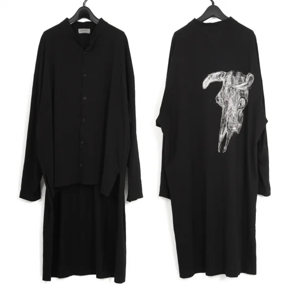ヨウジヤマモト プールオムYohji Yamamoto POUR HOMME バックカウスカルプリントスタンドカラー天竺バックロングシャツ 黒3 K-101115_001