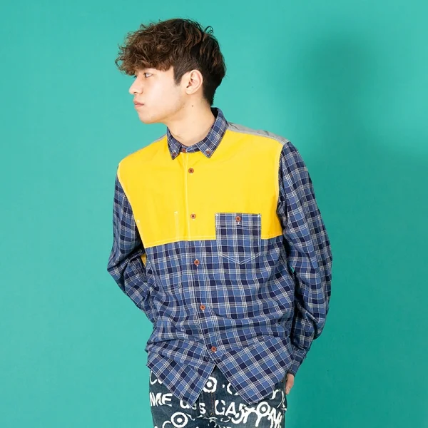ジュンヤワタナベマン コムデギャルソンJUNYA WATANABE MAN COMME des GARCONS ヨーク異素材切替エルボーパッチチェックシャツ 青黄他L K-101124_016