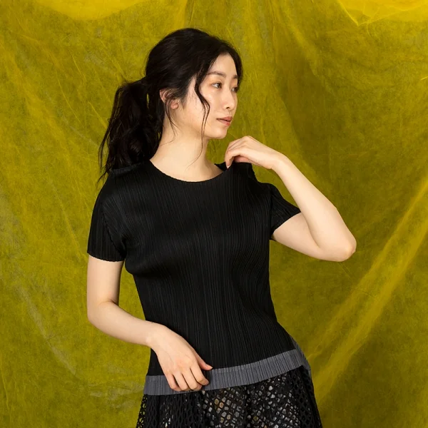 プリーツプリーズPLEATS PLEASE プリーツ裾フリンジデザインカットソー 黒グレー3 K-101226_011