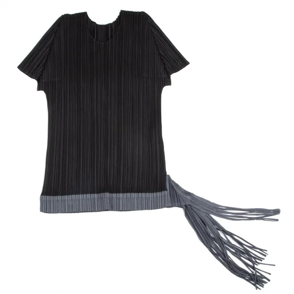 プリーツプリーズPLEATS PLEASE プリーツ裾フリンジデザインカットソー 黒グレー3 K-101226_002