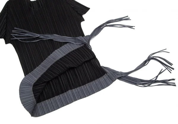 プリーツプリーズPLEATS PLEASE プリーツ裾フリンジデザインカットソー 黒グレー3 K-101226_008