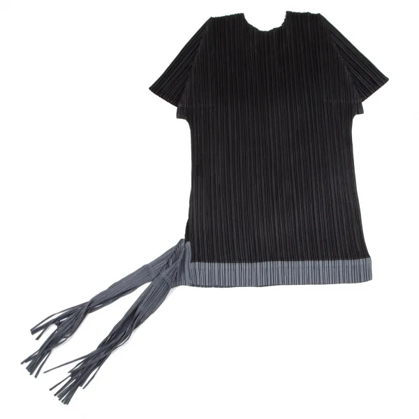 プリーツプリーズPLEATS PLEASE プリーツ裾フリンジデザインカットソー 黒グレー3 K-101226_009
