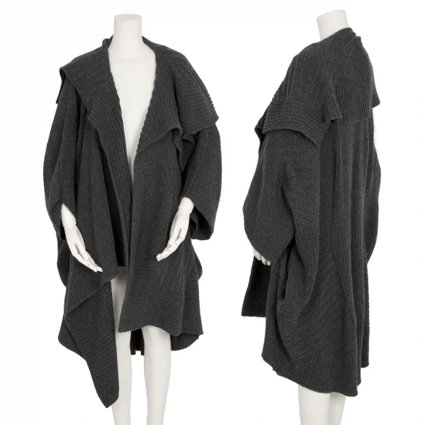 ステラマッカートニーSTELLA McCARTNEY ウールドレープランダムリブボタンレス半袖ロングカーディガン グレーM K-101277_001