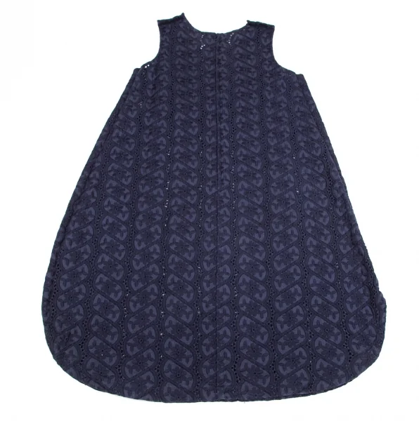 コムコム コムデギャルソンCOMME des GARCONS リネン花柄刺繍レース裾ラウンドノースリーブワンピース 紺S K-101286_011