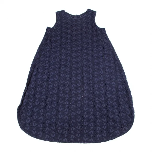 コムコム コムデギャルソンCOMME des GARCONS リネン花柄刺繍レース裾ラウンドノースリーブワンピース 紺S K-101286_002