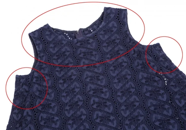 コムコム コムデギャルソンCOMME des GARCONS リネン花柄刺繍レース裾ラウンドノースリーブワンピース 紺S K-101286_003