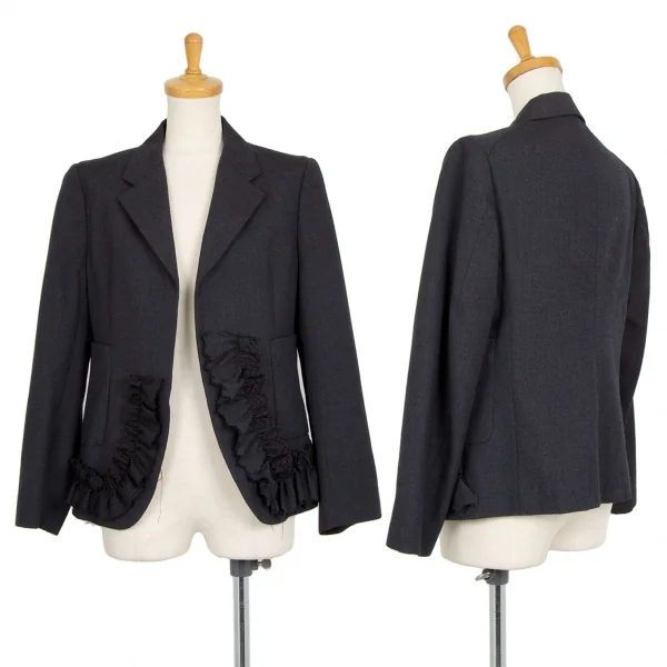 ローブドシャンブル コムデギャルソンrobe de chambre COMME des GARCONSウールヘリンボーンフリルデザインボタンレスジャケット 紺M K-101291_001