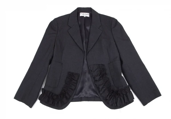 ローブドシャンブル コムデギャルソンrobe de chambre COMME des GARCONSウールヘリンボーンフリルデザインボタンレスジャケット 紺M K-101291_002
