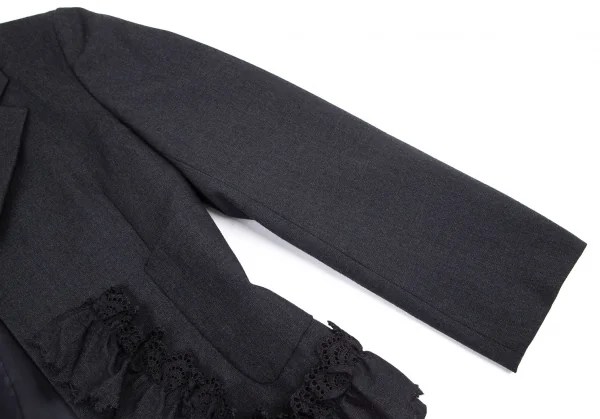 ローブドシャンブル コムデギャルソンrobe de chambre COMME des GARCONSウールヘリンボーンフリルデザインボタンレスジャケット 紺M K-101291_004