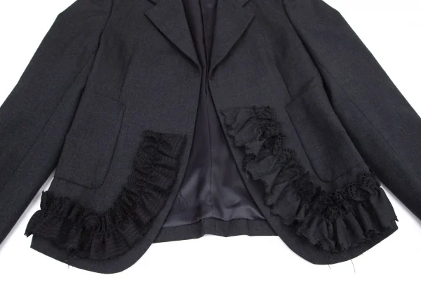 ローブドシャンブル コムデギャルソンrobe de chambre COMME des GARCONSウールヘリンボーンフリルデザインボタンレスジャケット 紺M K-101291_006