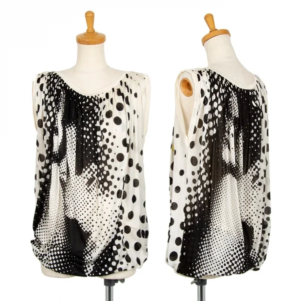 ジャンポールゴルチエ マイユファムJean Paul GAULTIER MAILLE FEMME ドットプリントショルダーギャザーノースリーブシルクチュニック 生成り黒S K-101330_001