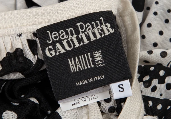 ジャンポールゴルチエ マイユファムJean Paul GAULTIER MAILLE FEMME ドットプリントショルダーギャザーノースリーブシルクチュニック 生成り黒S K-101330_018
