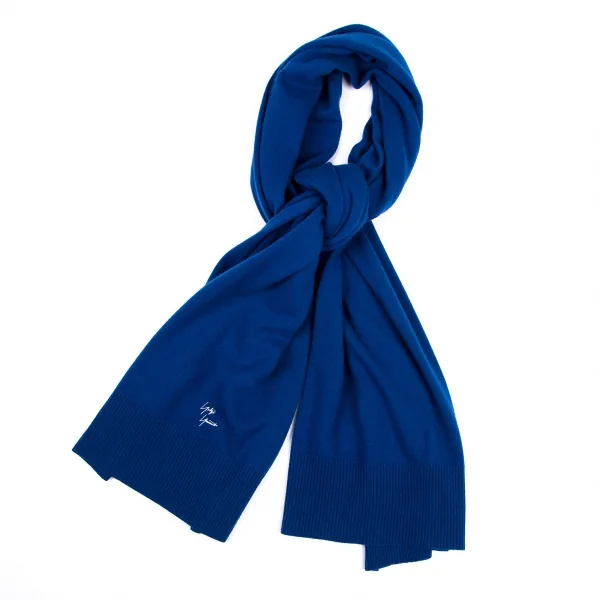 ヨウジヤマモト ファムYohji Yamamoto FEMME カシミヤワンポイントロゴ刺繍ロングリブストール 青2 K-101445_001