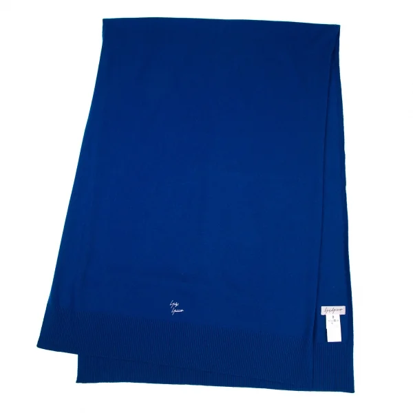 ヨウジヤマモト ファムYohji Yamamoto FEMME カシミヤワンポイントロゴ刺繍ロングリブストール 青2 K-101445_002