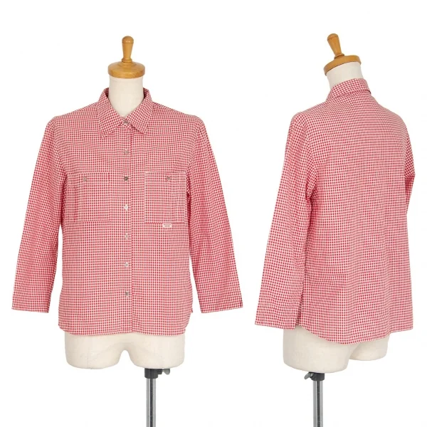 マドモアゼルノンノンMademoiselle NON NON ピンタックポケットギンガムチェック七分袖シャツ 赤白L K-101505_001