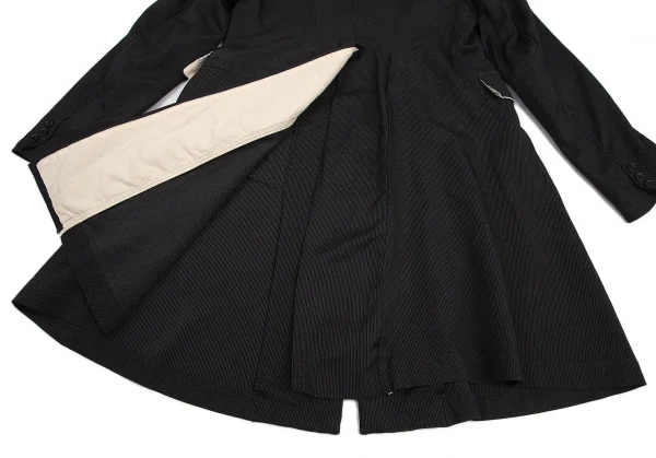 ブラックコムデギャルソンBLACK COMME des GARCONS ポリ染色加工ストライプステッチバックスリットロングジャケット 黒S K-101518_015