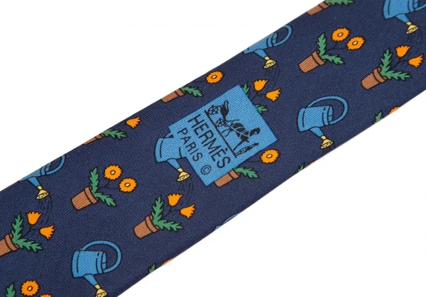 エルメスHERMES ガーデニング総柄シルクネクタイ 紺 K-101618_011