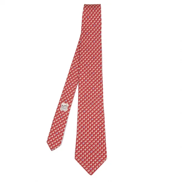 エルメスHERMES バード総柄シルクネクタイ 赤白水色 K-101620_001