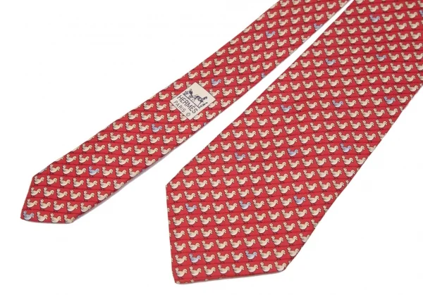 エルメスHERMES バード総柄シルクネクタイ 赤白水色 K-101620_003