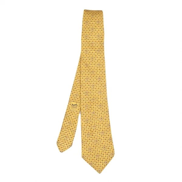 エルメスHERMES 花柄シルクネクタイ 黄茶 K-101621_001