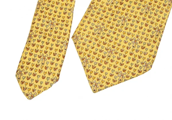 エルメスHERMES 花柄シルクネクタイ 黄茶 K-101621_005