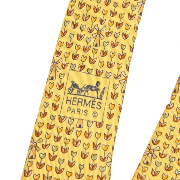 エルメスHERMES 花柄シルクネクタイ 黄茶 K-101621_006