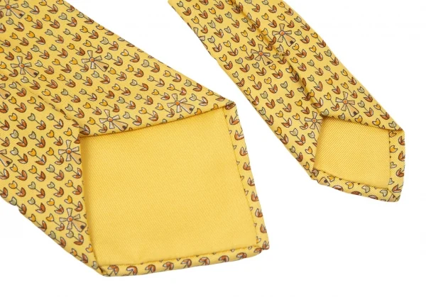 エルメスHERMES 花柄シルクネクタイ 黄茶 K-101621_008