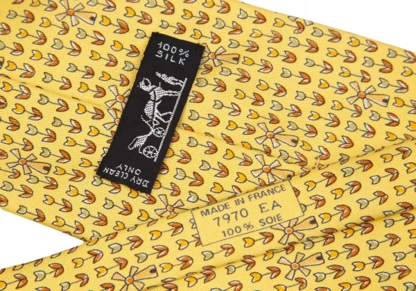 エルメスHERMES 花柄シルクネクタイ 黄茶 K-101621_009