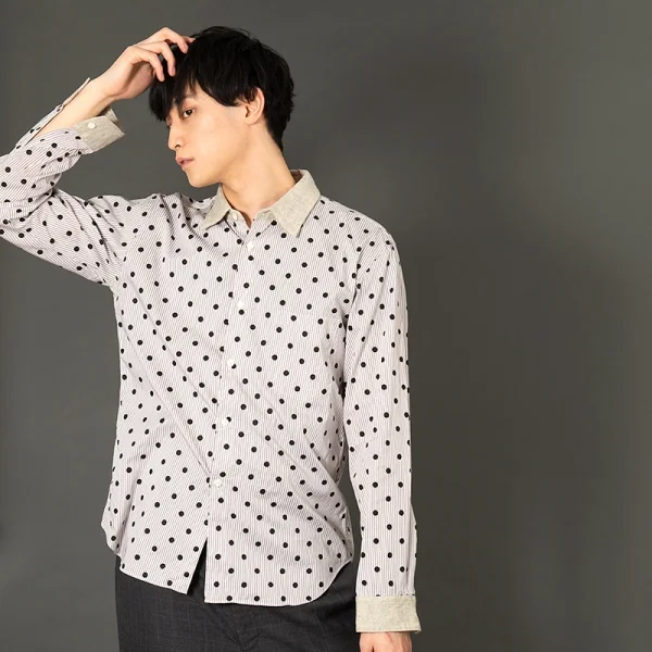 コムデギャルソン オムドゥCOMME des GARCONS HOMME DEUX 異素材切替ドットプリントストライプシャツ 白グレー茶M K-101650_012