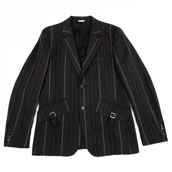 コムデギャルソン オムドゥCOMME des GARCONS HOMME DEUX ウールリネンポケットベルトデザインストライプ2Bテーラードジャケット チャコールM K-101654_001