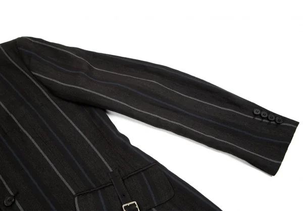 コムデギャルソン オムドゥCOMME des GARCONS HOMME DEUX ウールリネンポケットベルトデザインストライプ2Bテーラードジャケット チャコールM K-101654_006