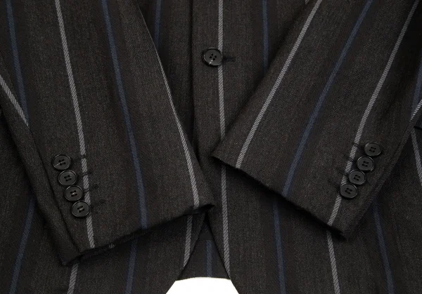 コムデギャルソン オムドゥCOMME des GARCONS HOMME DEUX ウールリネンポケットベルトデザインストライプ2Bテーラードジャケット チャコールM K-101654_007