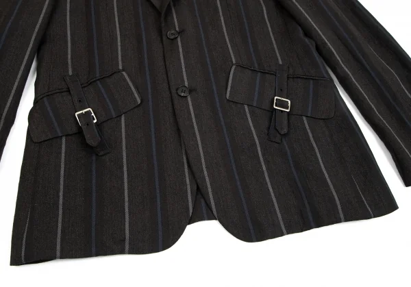 コムデギャルソン オムドゥCOMME des GARCONS HOMME DEUX ウールリネンポケットベルトデザインストライプ2Bテーラードジャケット チャコールM K-101654_009