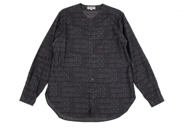 ヨウジヤマモト プールオムYohji Yamamoto POUR HOMME ネイティブ総柄多ボタンノーカラーシャツ チャコール3 K-101671_001
