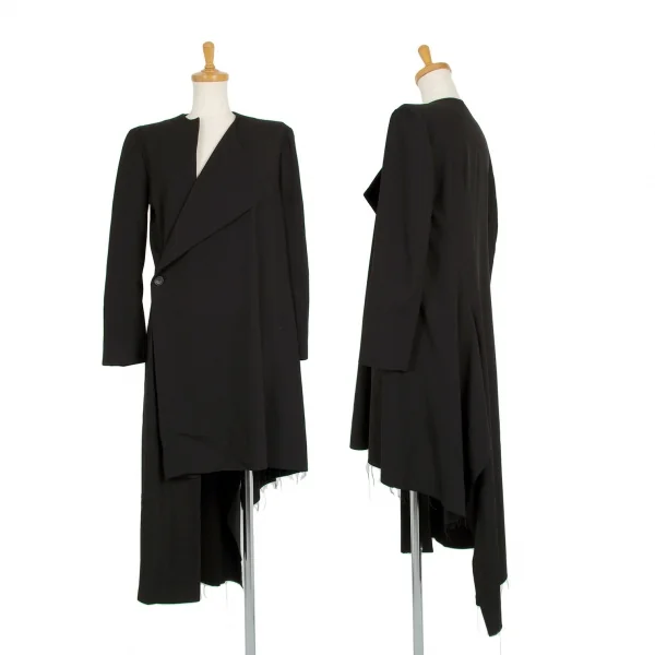 ヨウジヤマモト ファムYohji Yamamoto FEMME 裾裁ち切りアシンメトリーウールロングジャケット 黒1 K-101691_001