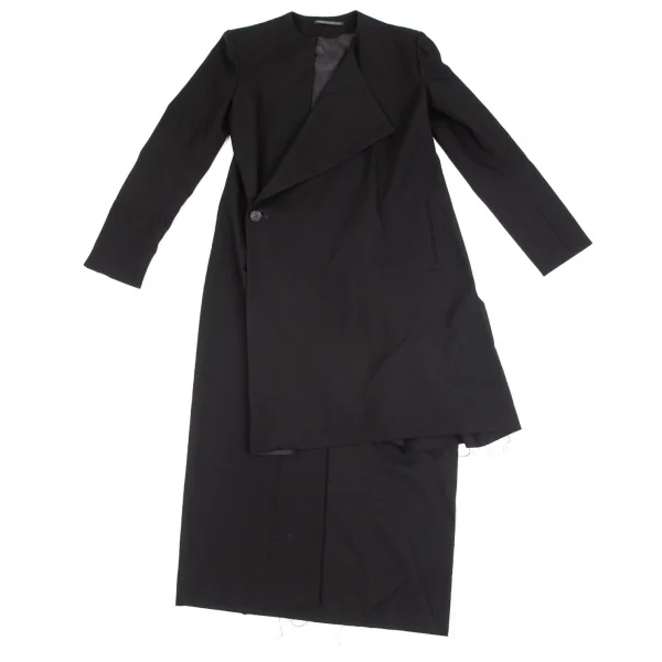 ヨウジヤマモト ファムYohji Yamamoto FEMME 裾裁ち切りアシンメトリーウールロングジャケット 黒1 K-101691_003