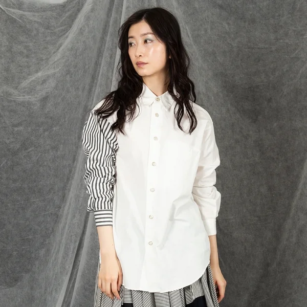 イッセイミヤケISSEY MIYAKE右袖ストライプ切替シャツ 白M K-101734_018
