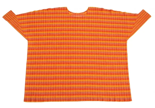 プリーツプリーズPLEATS PLEASE トリカラーボーダープリーツビッグシルエットカットソー 黄オレンジL位 K-101830_002