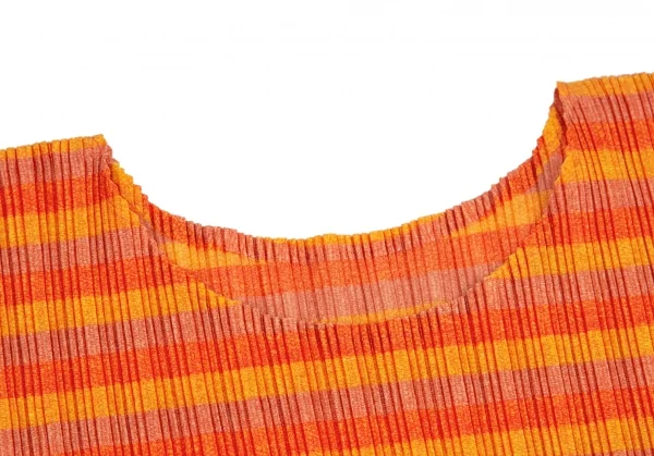 プリーツプリーズPLEATS PLEASE トリカラーボーダープリーツビッグシルエットカットソー 黄オレンジL位 K-101830_004