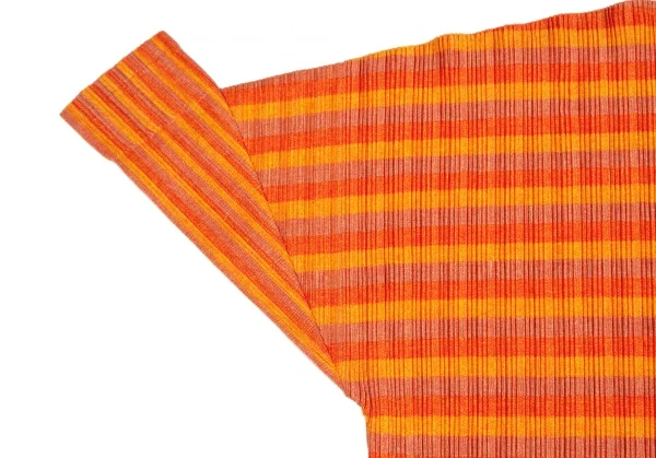 プリーツプリーズPLEATS PLEASE トリカラーボーダープリーツビッグシルエットカットソー 黄オレンジL位 K-101830_005