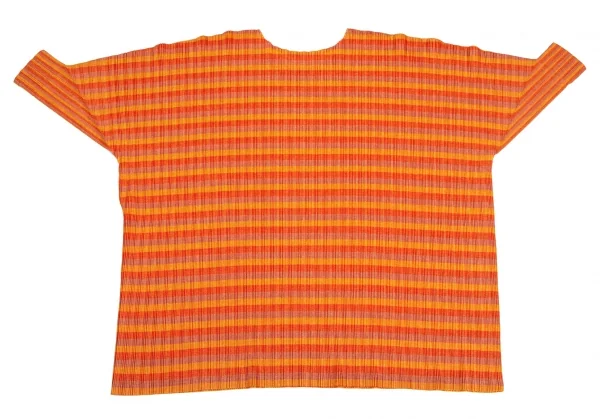 プリーツプリーズPLEATS PLEASE トリカラーボーダープリーツビッグシルエットカットソー 黄オレンジL位 K-101830_009