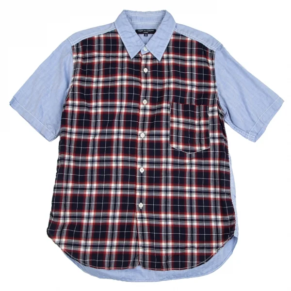 コムデギャルソン オムCOMME des GARCONS HOMME フロントチェック切替パッカリング半袖シャツ 水色紺S K-101916_001