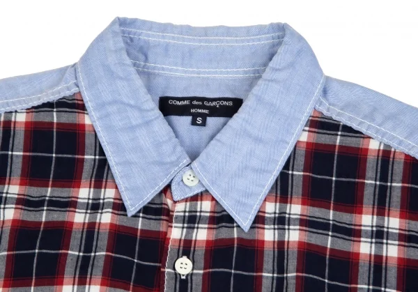 コムデギャルソン オムCOMME des GARCONS HOMME フロントチェック切替パッカリング半袖シャツ 水色紺S K-101916_002